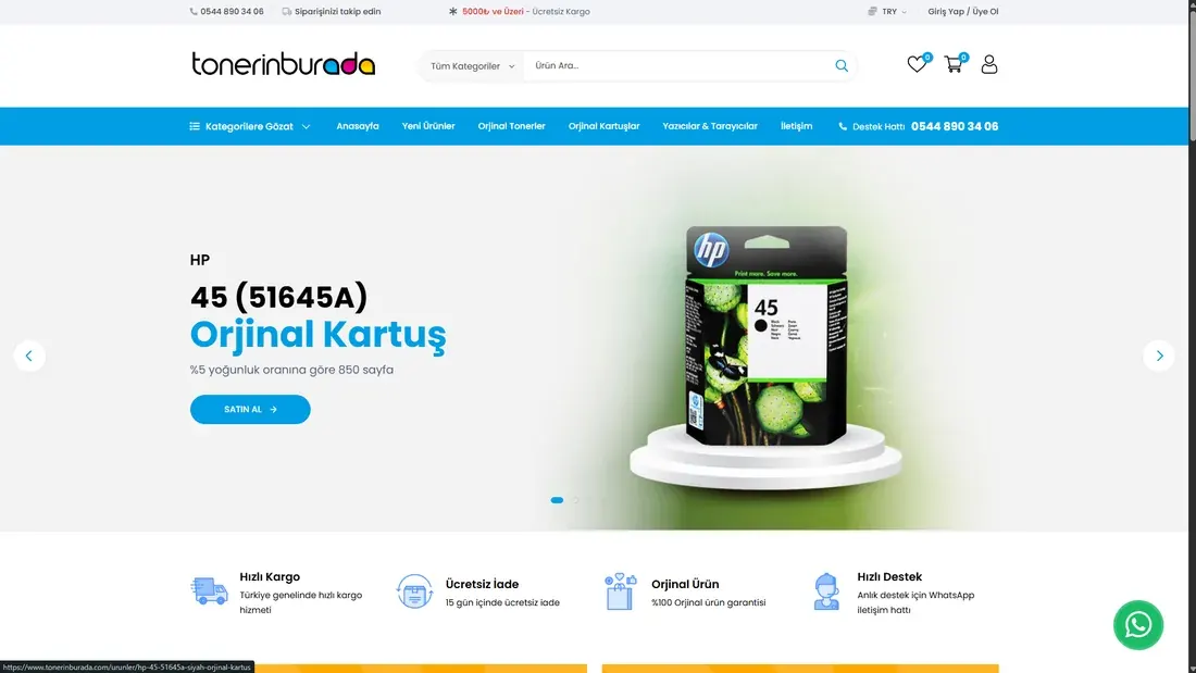 Tonerin Burada e-ticaret sitesi ekran görüntüsü