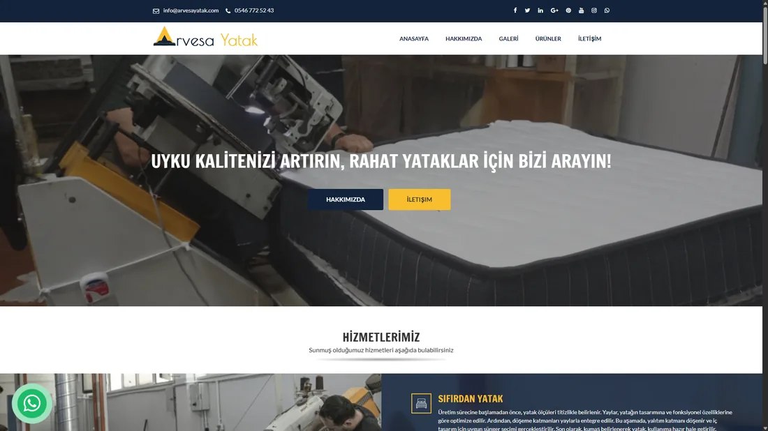 Arvesa Yatak kurumsal web sitesi ekran görüntüsü
